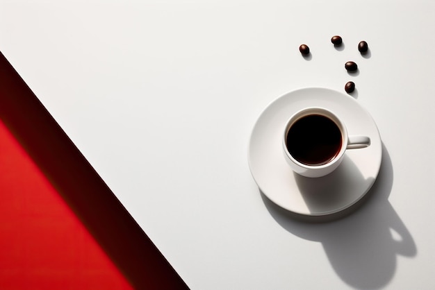 minimalistische Tasse Kaffee auf weißem Hintergrund und Kaffeebohnenfotografie