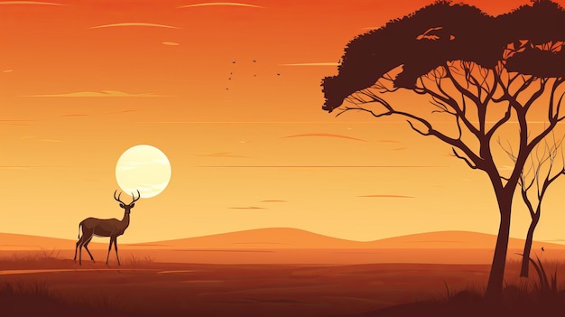 Minimalistische Vektorkunst von Sonnenuntergang Safari Landschaft mit Hirsch und Baum