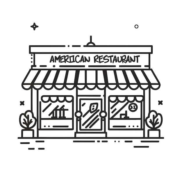 Minimalistische Vorderseite eines amerikanischen Restaurants Einzelgebäude eine Linie Kunst schwarz-weißer Hintergrund