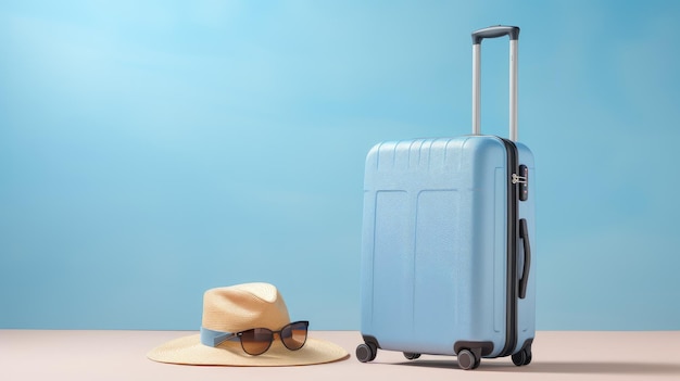 Minimalistische Wanderlust-Bildbilder mit einem blauen Koffer, einer Sonnenbrille, einem Hut und einer Kamera auf einem ruhigen pastellblauen Hintergrund