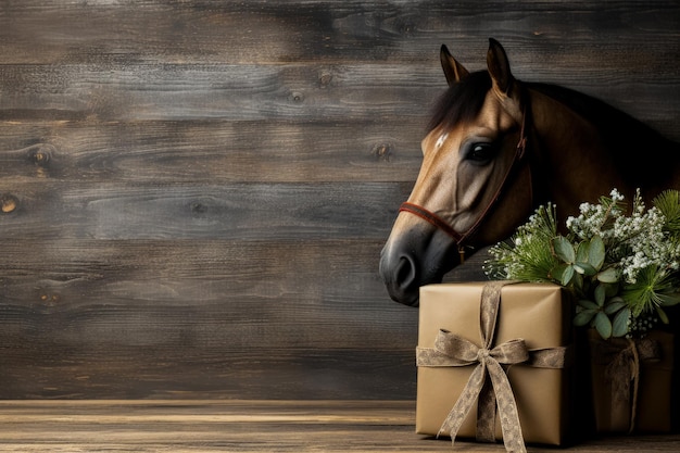 Minimalistische Weihnachtsgeschenke für Pferdebesitzer im Hintergrund mit leerem Platz für Text