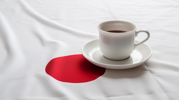 Minimalistische weiße Becher mit japanischen Symbolen, roter Punkt, generative KI