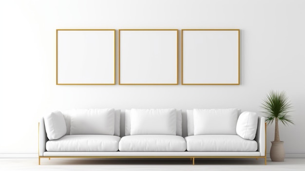 Minimalistische weiße Couch mit goldenen Druckrahmen