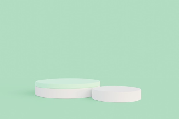 Minimalistische weiße Zylinderpodest-Produktanzeige auf grünem pastellfarbenem Hintergrund 3D-Rendering