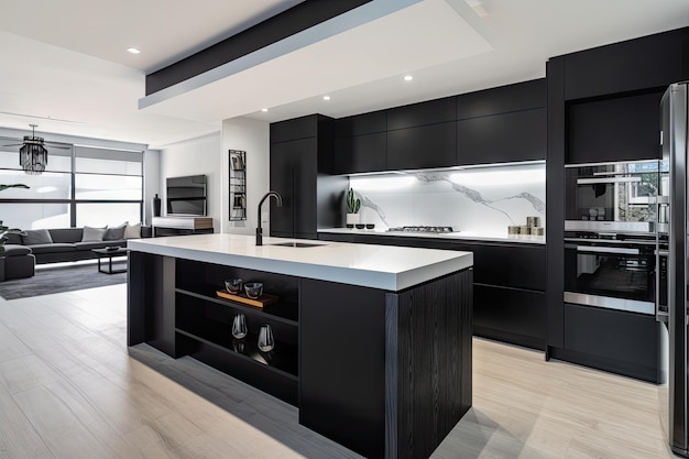 Minimalistische Wohnküche mit eleganten Schwarz-Weiß-Oberflächen und modernen Geräten