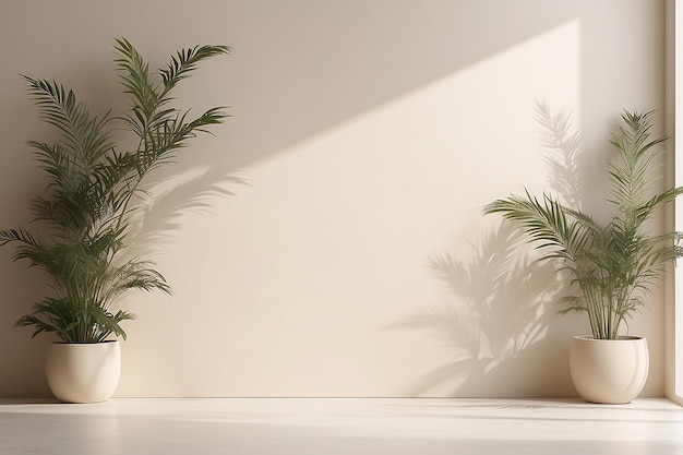 Minimalistischer abstrakter sanfter hellbeige Hintergrund für die Produktpräsentation mit Licht und komplizierten Schatten aus dem Fenster und Vegetation an der Wand