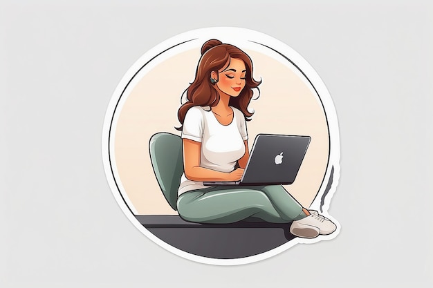 minimalistischer Aufkleber Logo Frau oder Mann sitzt in einem Laptop einfacher niedlicher Stil Cartoon weißer Hintergrund