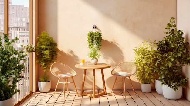 Minimalistischer Balkon mit einem kleinen Tisch, Stühlen und Topfpflanzen Generative KI