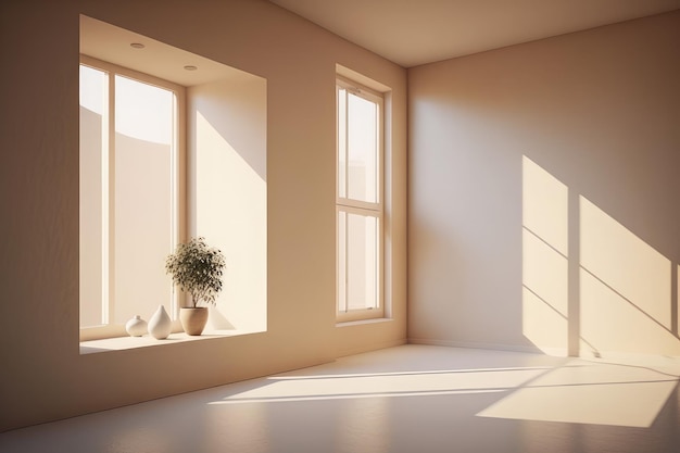 Minimalistischer beiger Raum mit Sonnenlicht leerer Raum mit Fenster Generative KI