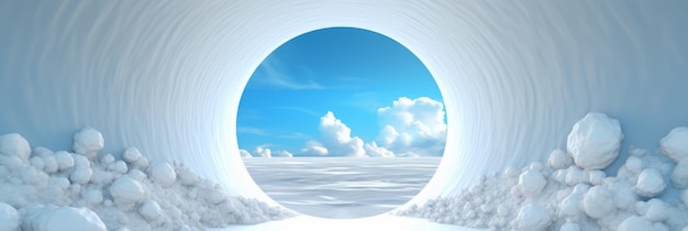 Minimalistischer blauer Hintergrund mit Tunnel und weißen Wolken Generative KI