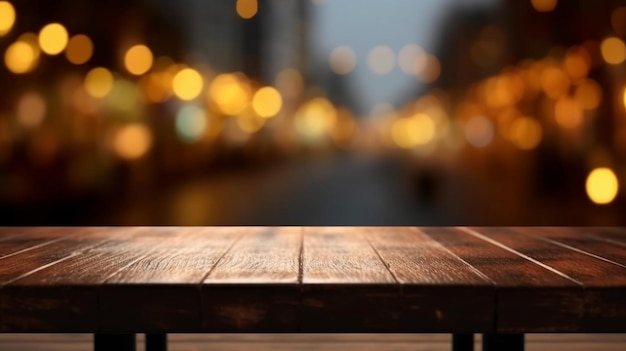 Minimalistischer dunkler Holztisch vor der Bokeh-Kulisse des Restaurants