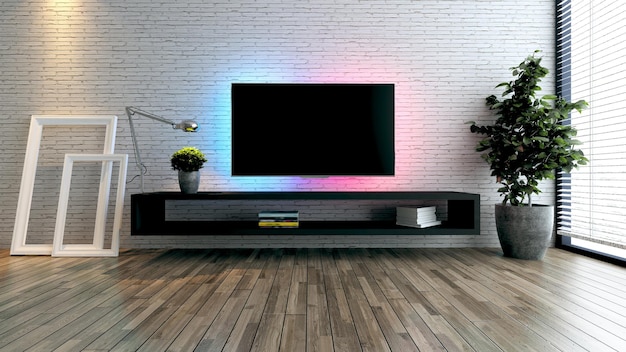 Minimalistischer Fernsehraum für moderne Büros oder Wohnungen. 3D-Darstellung der Designidee