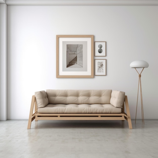 Minimalistischer Futon-Portrait-Bilderrahmen auf weißer Wand