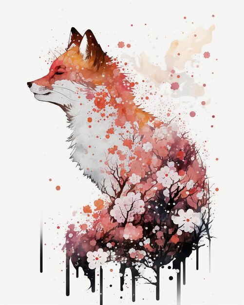 Minimalistischer japanischer Aquarell-Sakura-Fuchs-Cartoon-Stil