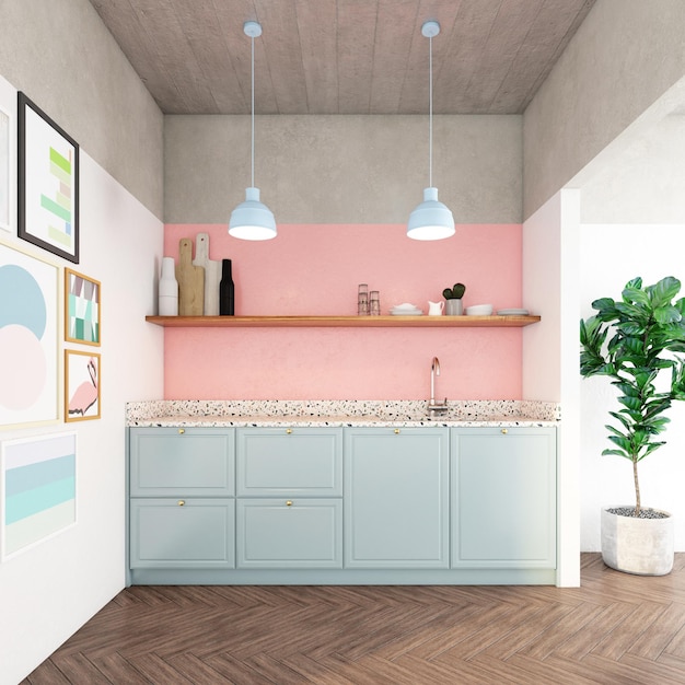 Minimalistischer Küchenraum mit blauen pastellfarbenen Schränken und rosa pastellfarbener Wand 3D-Rendering