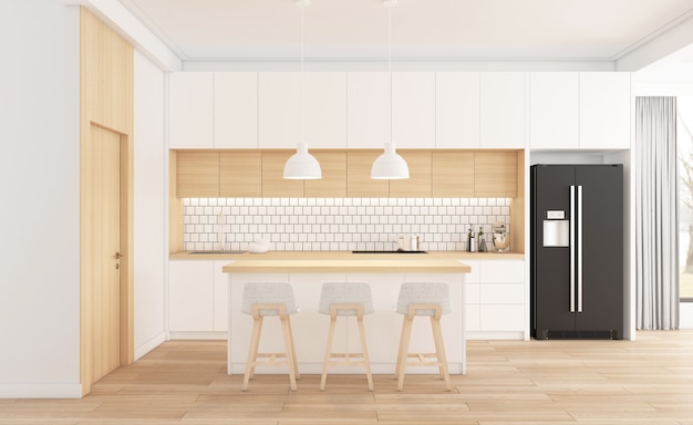 Minimalistischer Küchenraum mit weißen Möbeln und Holzfußboden. 3D-Rendering