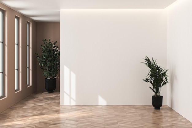 Minimalistischer leerer Raum mit beigen und weißen Hintergründen, Betonboden, Sonnenstrahl, gemütliches Zuhause, drinnen