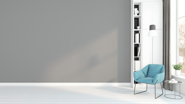 Minimalistischer leerer Raum mit grauer Wand und Bücherregal, Sessel und Beintisch 3D-Rendering