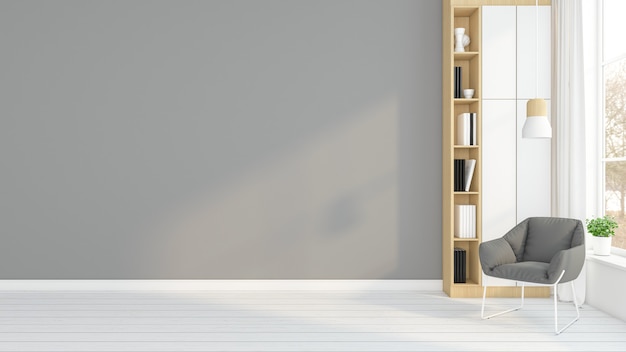 Minimalistischer leerer Raum mit Sessel und Holzbücherregal graue Wand 3D-Rendering