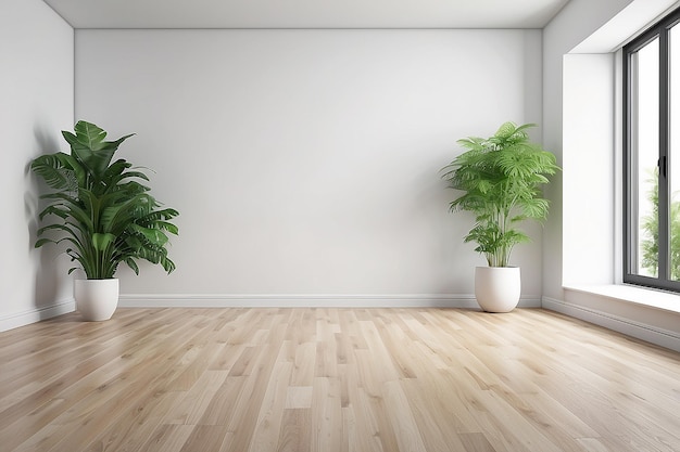 Minimalistischer leerer Raum mit weißer Wand und Holzboden und grünen Pflanzen im Innenraum 3d