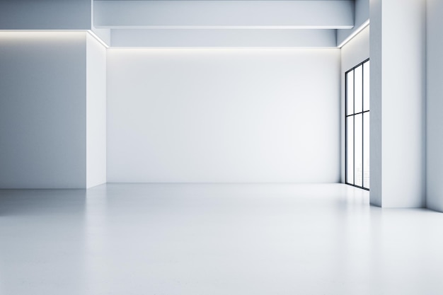 Minimalistischer leerer weißer Raum mit großen Fenstern und modernem sauberem Design 3D-Rendering