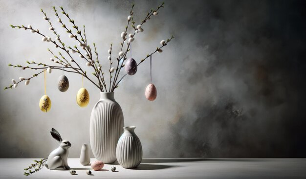 Minimalistischer Ostern-Hintergrund mit Weidenzweigen in einer Vase Ostern-Eier auf einem hellen Hintergrund