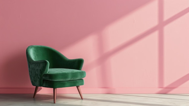 Minimalistischer Samtgrüner Stuhl gegen eine rosa Wand mit Schatten