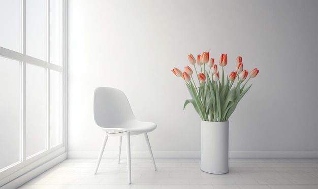 Minimalistischer weißer Eleganzstuhl und Tulpenvase am Fenster