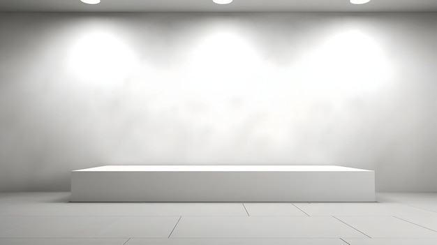 Minimalistischer weißer Hintergrund für die Präsentation einer leeren Wand mit Beleuchtung und einem Sockel für ein Produkt