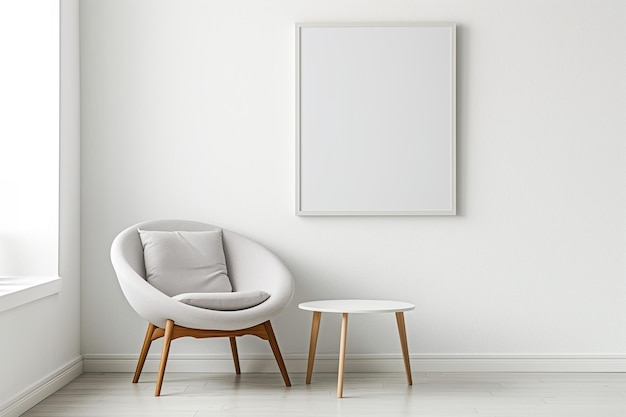 Minimalistischer weißer Raum mit Leinwand-Sessel und rundem Tisch