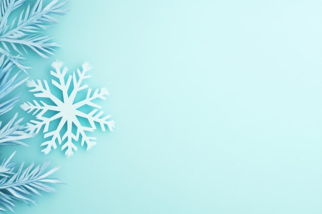 Minimalistischer Winter-Hintergrund mit Schneeflocken und Kiefernzweigen auf pastellblau