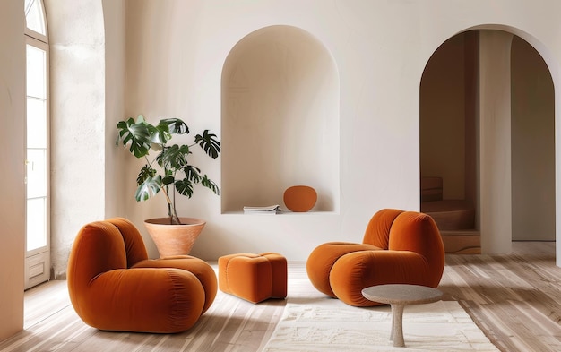 Minimalistischer Wohnbereich mit gewölbten Nischen und lebendigen orangefarbenen Sitzgelegenheiten Licht tanzt über den ruhigen Raum