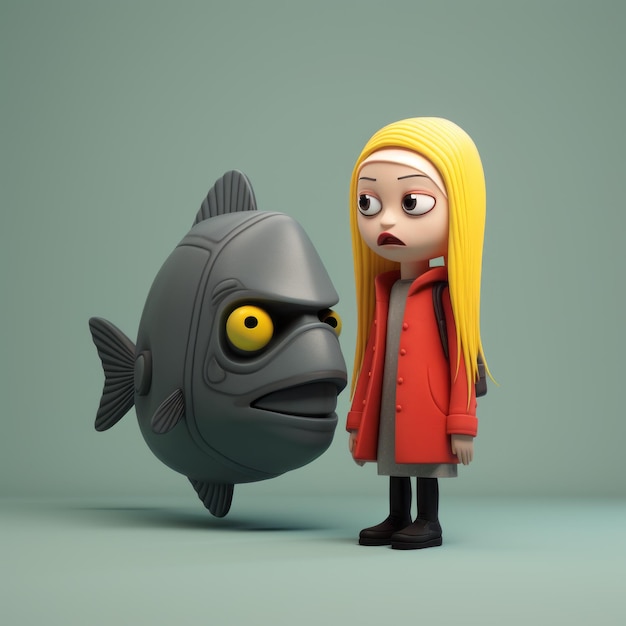 Minimalistisches 3D-Modell einer Frau mit rotem Mantel und gespitztem Fisch