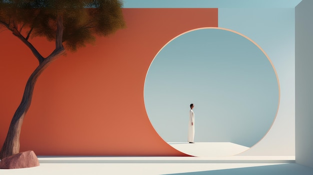 Minimalistisches abstraktes Setup in zeitgenössischen Farben einer Person in stilvoller Einsamkeit