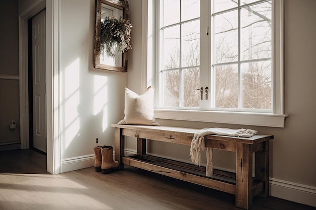 Minimalistisches Bauernhaus Interieur Weiße Holzbank und leere Rahmentür