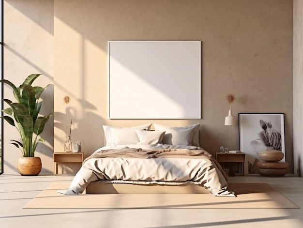 Minimalistisches Beige-Schlafzimmer-Innendesign mit leerem weißen Bilderrahmen-Mockup, generative KI
