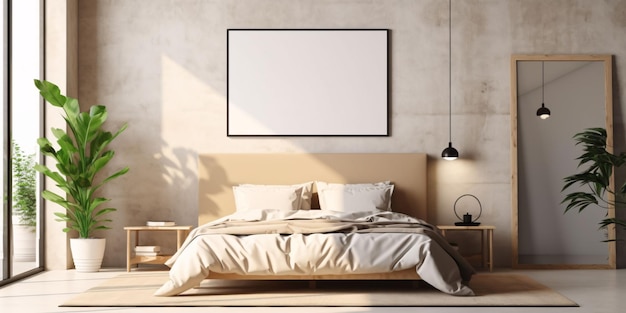 Minimalistisches Beige-Schlafzimmer-Innendesign mit leerem weißen Bilderrahmen-Mockup, generative KI