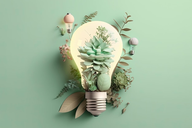 Minimalistisches Bild einer Glühbirne mit schönen Pflanzen im Inneren, die als Dekoration auf einem farbenfrohen Hintergrund verwendet werden kann Generative KI