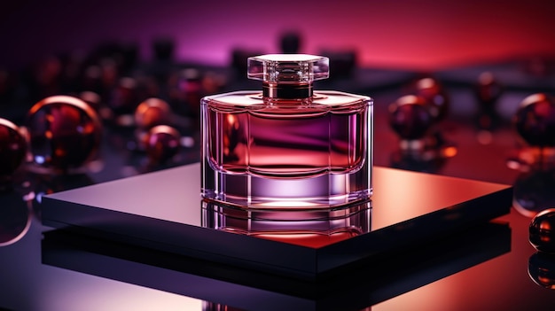 Minimalistisches Bild einer roten Parfümflasche in der Mitte mit Studio-Beleuchtung und luxuriösem Hintergrund