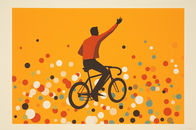 Minimalistisches Bild eines Mannes, der mit dem Fahrrad runde, bunte Objekte fährt