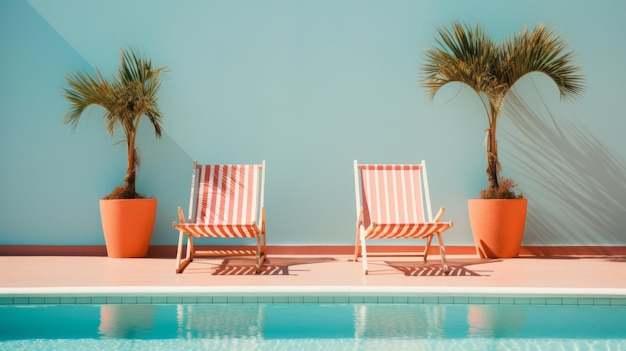 minimalistisches Bild zwei Sonnenbäder in der Nähe eines blauen Pools