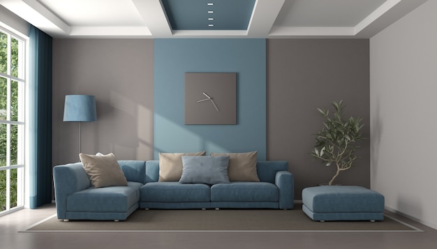 Minimalistisches blaues und braunes Wohnzimmer