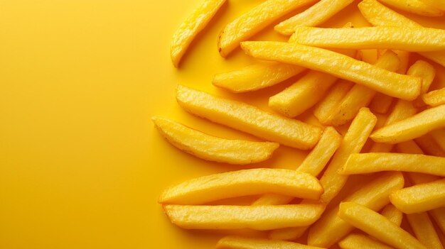 Foto minimalistisches foto, auf dem goldene, knusprige pommes ordentlich auf einer sauberen oberfläche angeordnet sind