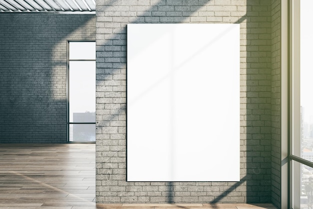 Minimalistisches Galerieinterieur mit leerem Banner an einer Ziegelsteinwand Präsentation und Kunstkonzept 3D-Rendering