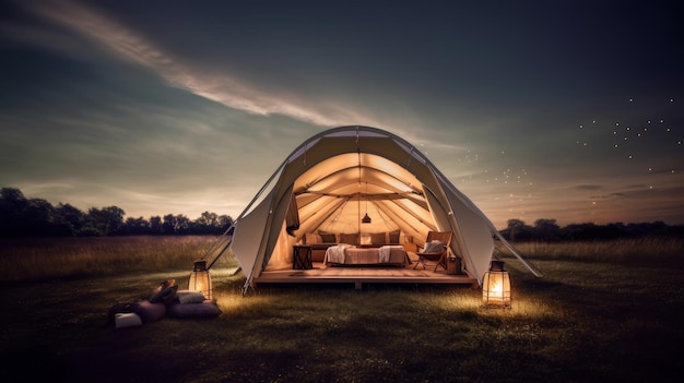 Minimalistisches Glamping-Konzept mit luxuriöser und glamouröser generativer Camping-KI