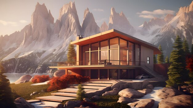 Minimalistisches Haus in einer alpinen Oase, umgeben von Gipfeln in superdetaillierter Darstellung