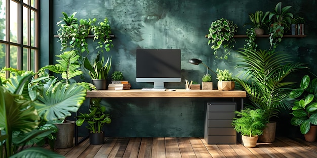 Minimalistisches Heimbüro mit schickem Schreibtisch geschmackvolles Dekor und üppige grüne Pflanzen für ein beruhigendes und produktives Ambiente Konzept Minimalistisches Design Schickes Schreibtich Geschmackvolles Decor üppig grüne Pflanzen