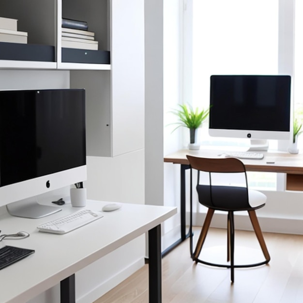 Minimalistisches Heimbüro mit Stehpult und an der Wand montierten Bildschirmen