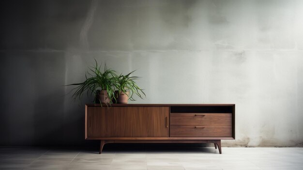 Minimalistisches Holz-Sideboard mit Pflanze im Makoto-Shinkai-Stil