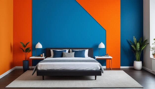 Minimalistisches Innenarchitekturbett gegen eine lebendige Wand